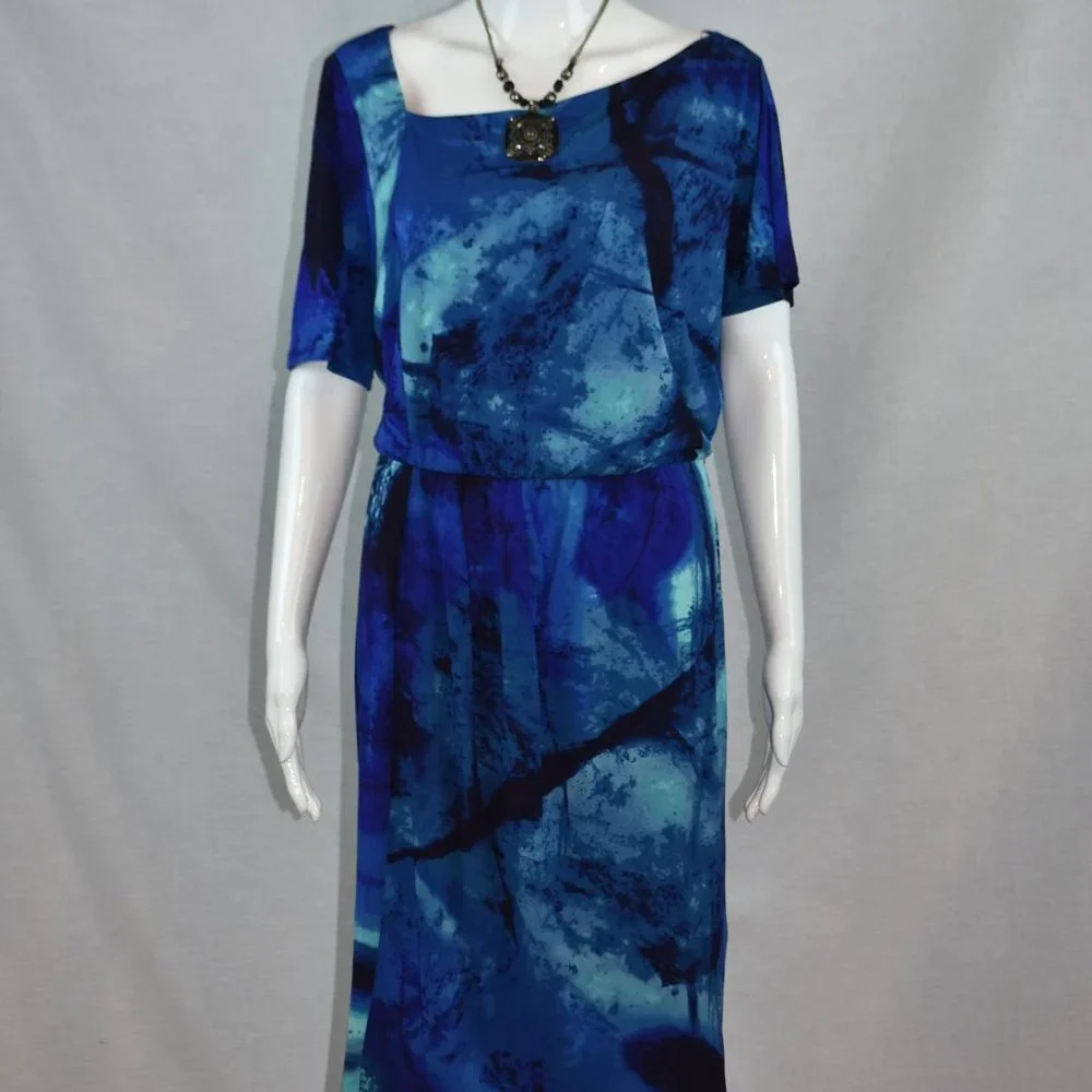 Morgan McFeeters sz 16 Blue & Black Marble Look Asymmetrical Neckline Dress